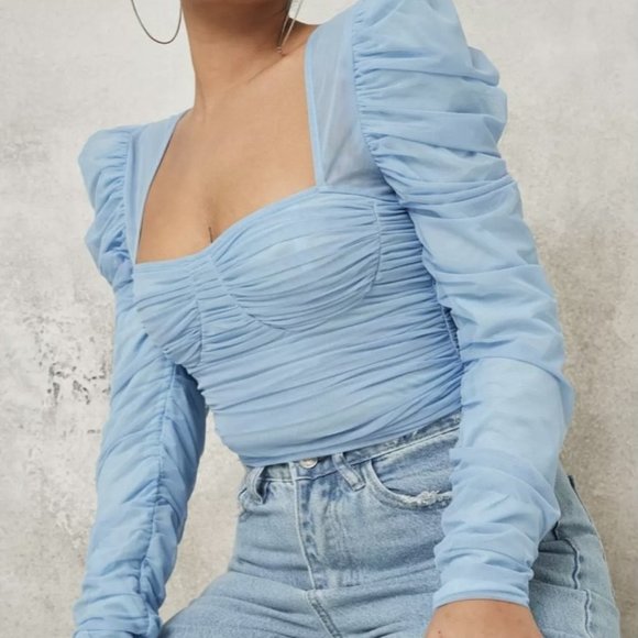 Missguided Tops - Blue mesh ruched milkmaid top